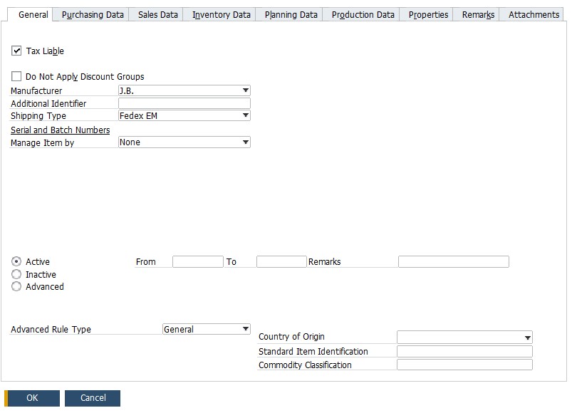 sap business one item master data