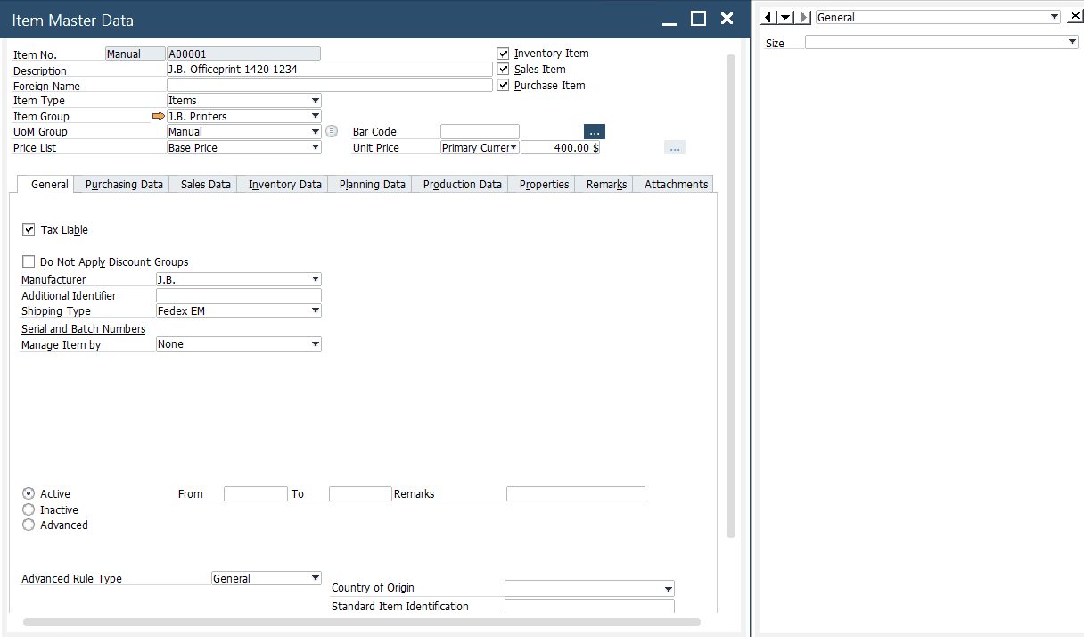 sap business one item master data