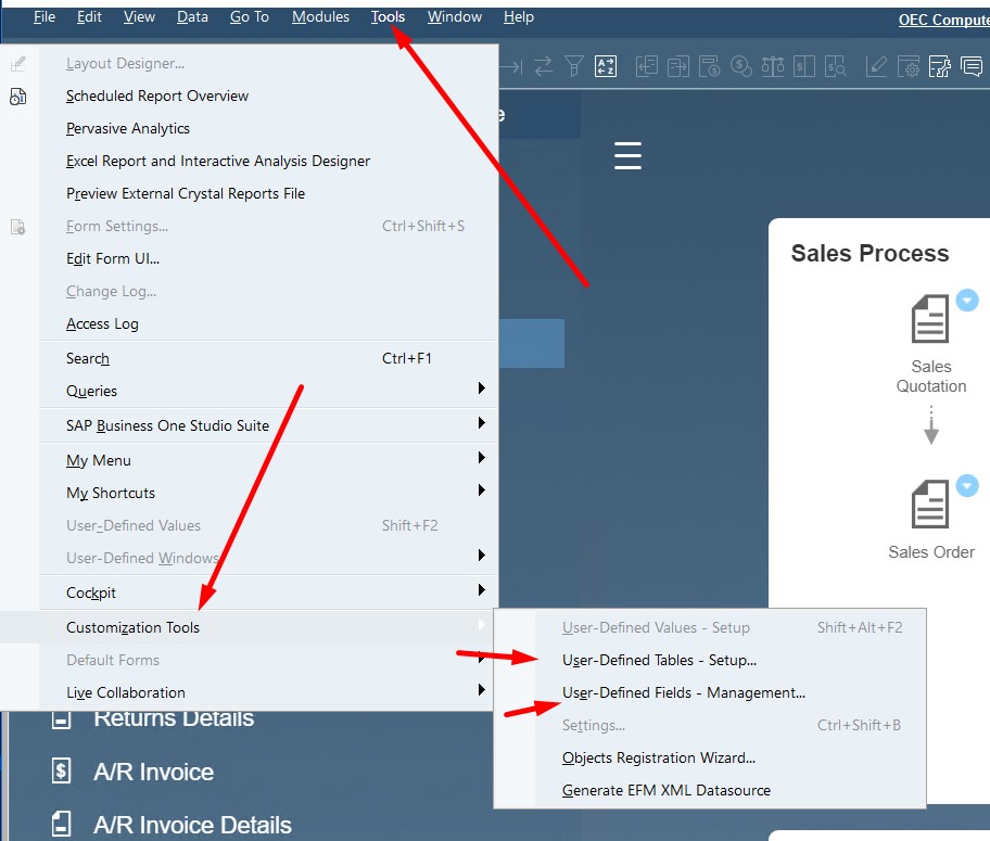 sap business one interface, navigation, customization